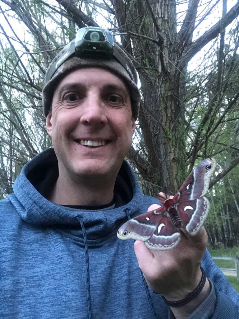 Mat Seidensticker holding a cecropia moth