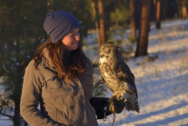 Brooke Tanner walking with Frith the Great Horned Owl