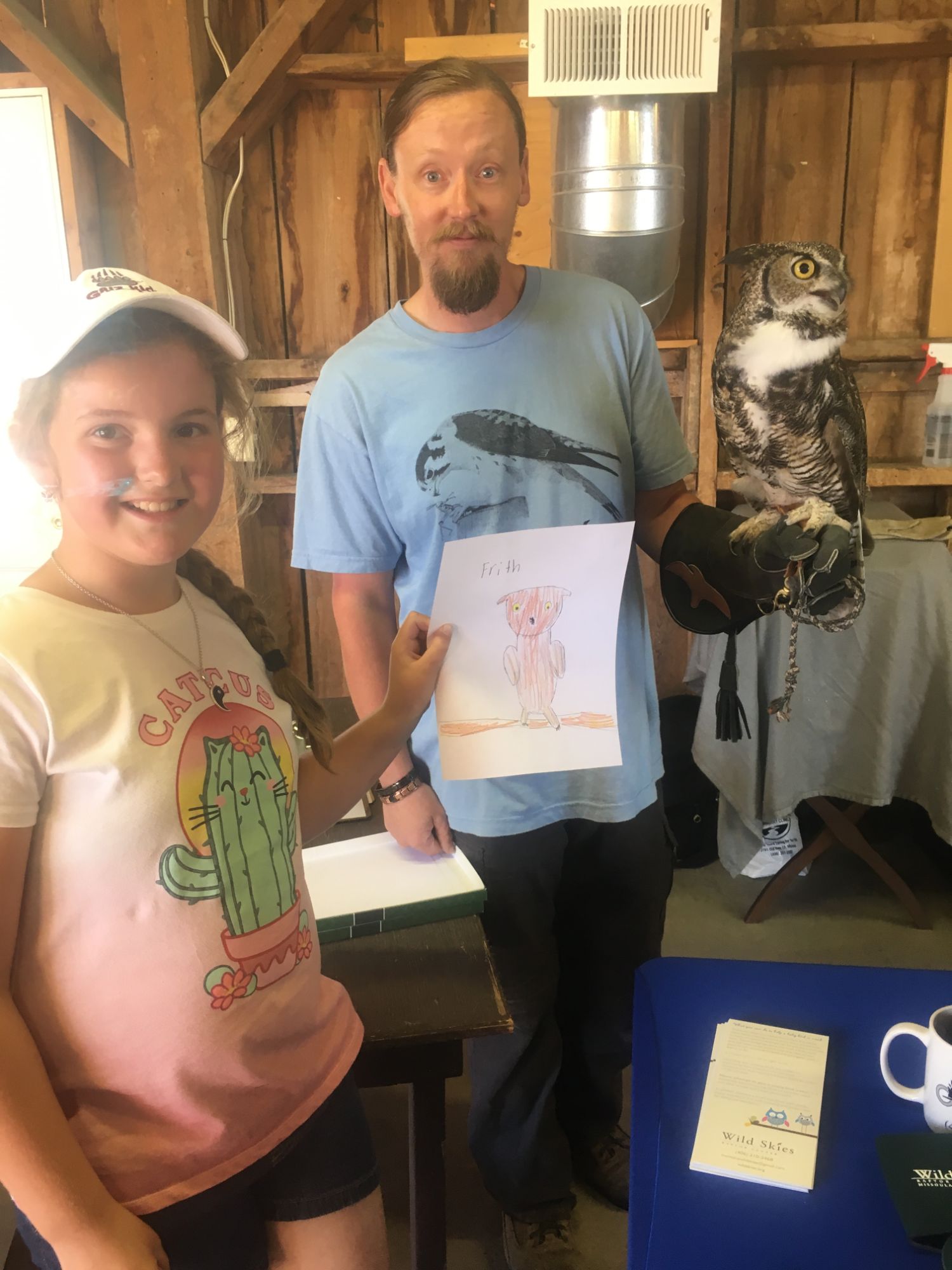Jesse Varnado Great Horned Owl Frith Program Participant and Her Drawing of Frith